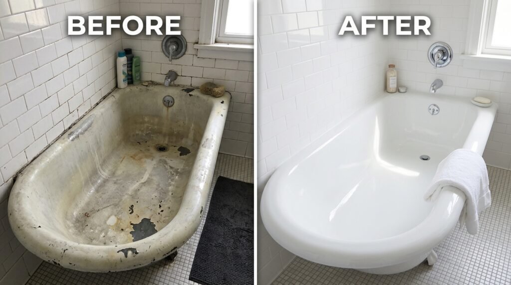 Before and after bathtub refinishing transformation Fresno CA