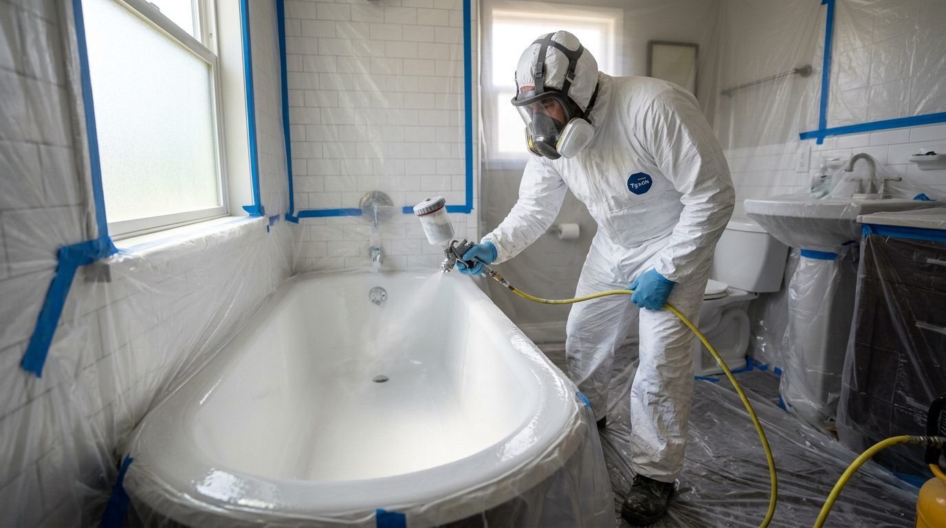 Bathtub refinishing professional spraying tub in Fresno bathroom 2026